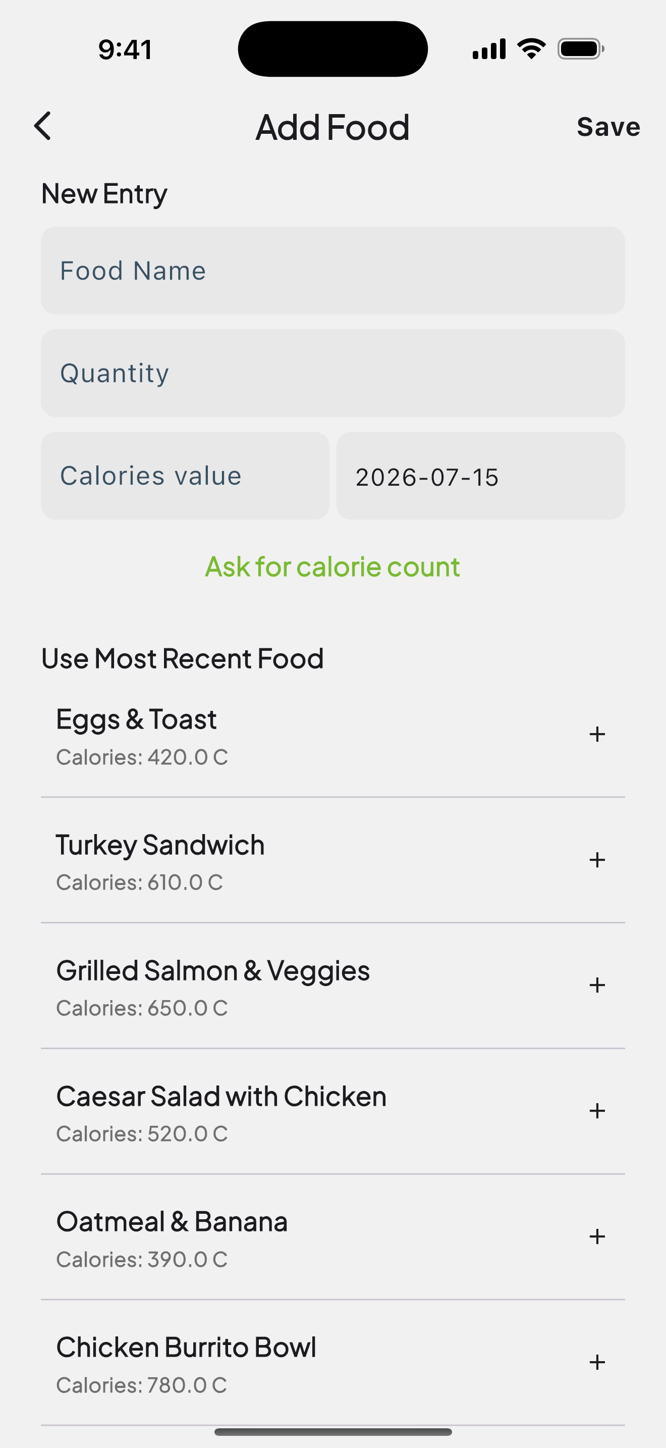Most used food list with one tap logging